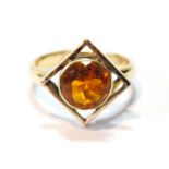 Citrine ring in open square surround, 18ct gold, 1928, size O, 5g.