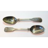 Set of six silver dessert spoons, fiddle and thread, mostly 1832, 9oz.