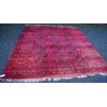 Tekke carpet with three rows of five guls over red ground, group border, 310cm x 265cm.