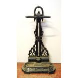 Victorian cast iron stick stand with pierced column over drip tray, with stamps, 72cm high, and 40cm