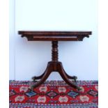 19th century mahogany card table, the rounded rectangular hinged top enclosing baize playing