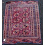 Afghan mat with two rows of five guls over red ground, and multiple border, 106cm x 87cm.