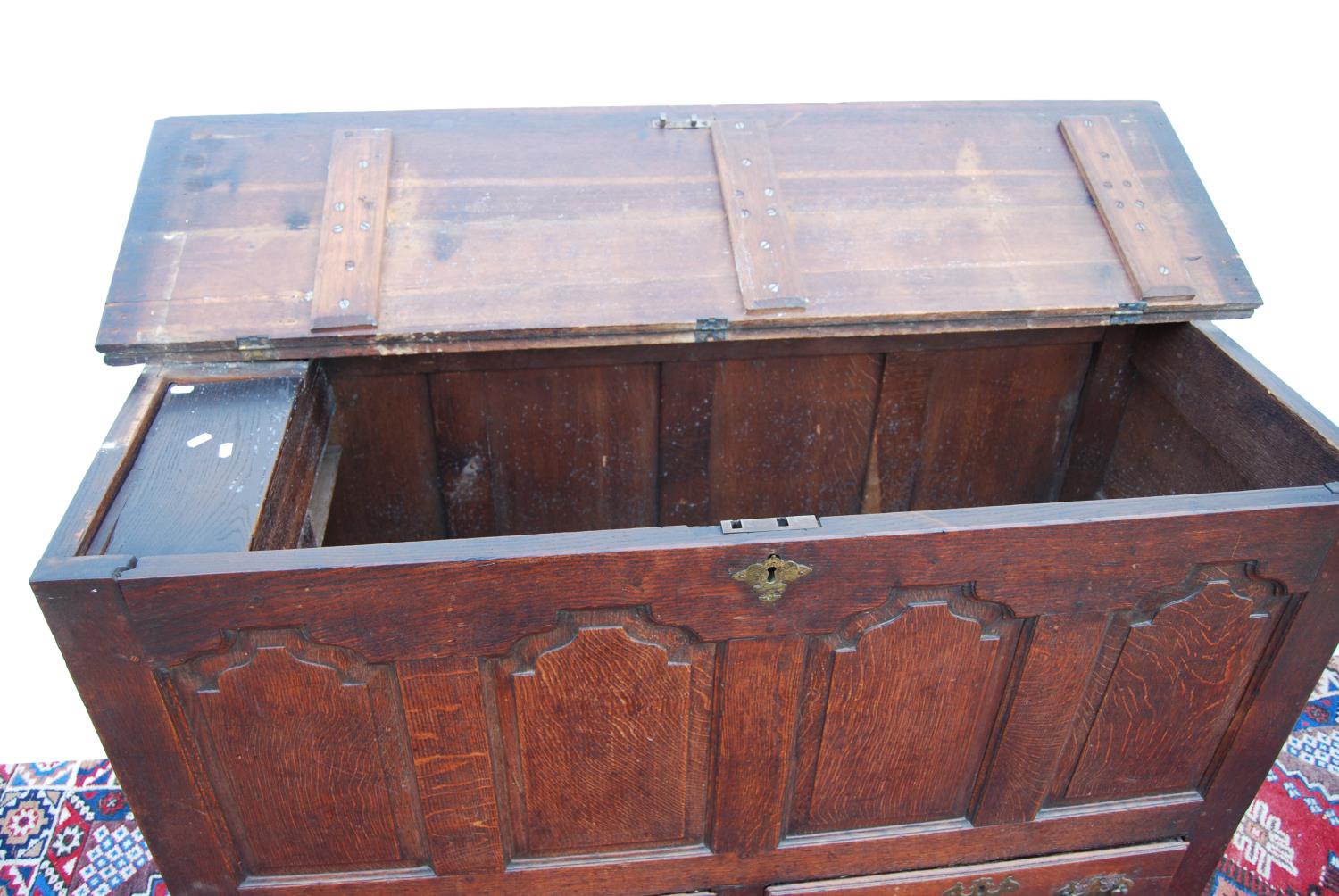 19th century oak coffer with moulded rectangular top over arched panels, two short drawers, raised - Image 2 of 2