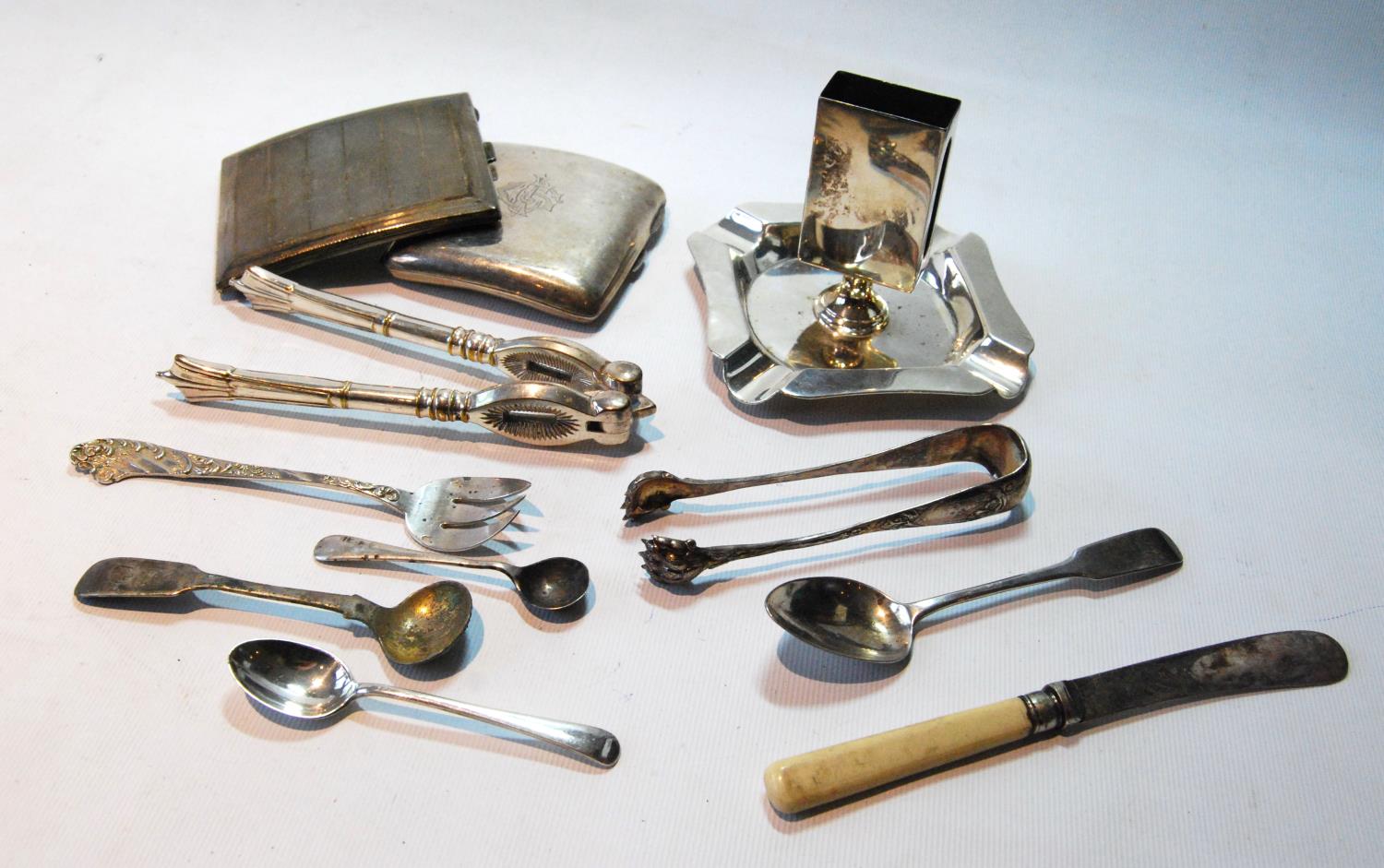 Silver ashtray and vesta holder, by R. Comyns, 1929, two cigarette cases, and various spoons, EP,