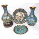 Pair of cloisonné vases, each of tapering bulbous form decorated with floral design over turquoise