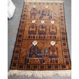 Persian-style rug with three panels depicting figures over brown ground, and rosette border, 192cm x