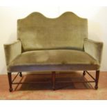 Edwardian Aesthetic-style high-back two-seater sofa, the serpentine cushioned back flanked by