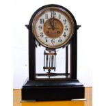 Slate mantel clock with enamelled chapter ring, Arabic numerals, over glazed trunk, French movement,