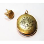 Gold oval locket, monogrammed, probably 15ct, 11g, and a broken signet ring, probaby 18ct, 6g.
