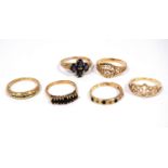 Six gem, and other rings, 9ct gold, 12g.