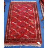 Afghan rug with two rows of six dogtooth guls over red ground, and border, 173cm x 114cm.