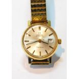 Lady's Omega Automatic rolled gold watch with calendar, on expanding bracelet.