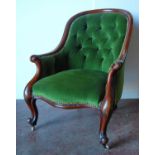 Victorian mahogany button-back chair with downswept arms, serpentine seat, raised on cabriole legs