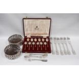 Set of twelve silver coffee spoons with seal ends, cased, a pair of Old Sheffield pierced decanter