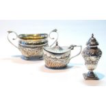 Silver embossed sugar bowl, a similar pepperette, and mustard pot, 7oz.