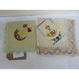 WWI period.  3 embroidered silk table mats with crochet edging, "Souvenir from Brussels", KSLI (