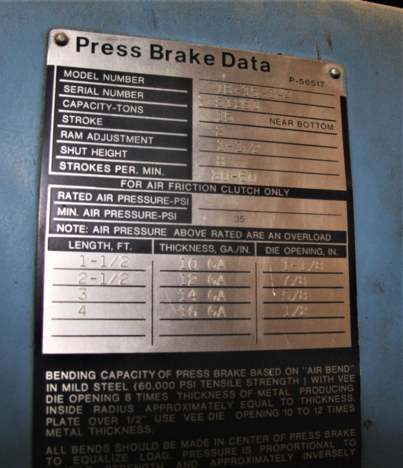 15 TON X 4' NIAGARA IB-15-3-4 MECHANICAL PRESS BRAKE, W/ 2" STROKE, 1-1/2" RAM ADJUSTMENT, 8" SHUT - Image 4 of 7