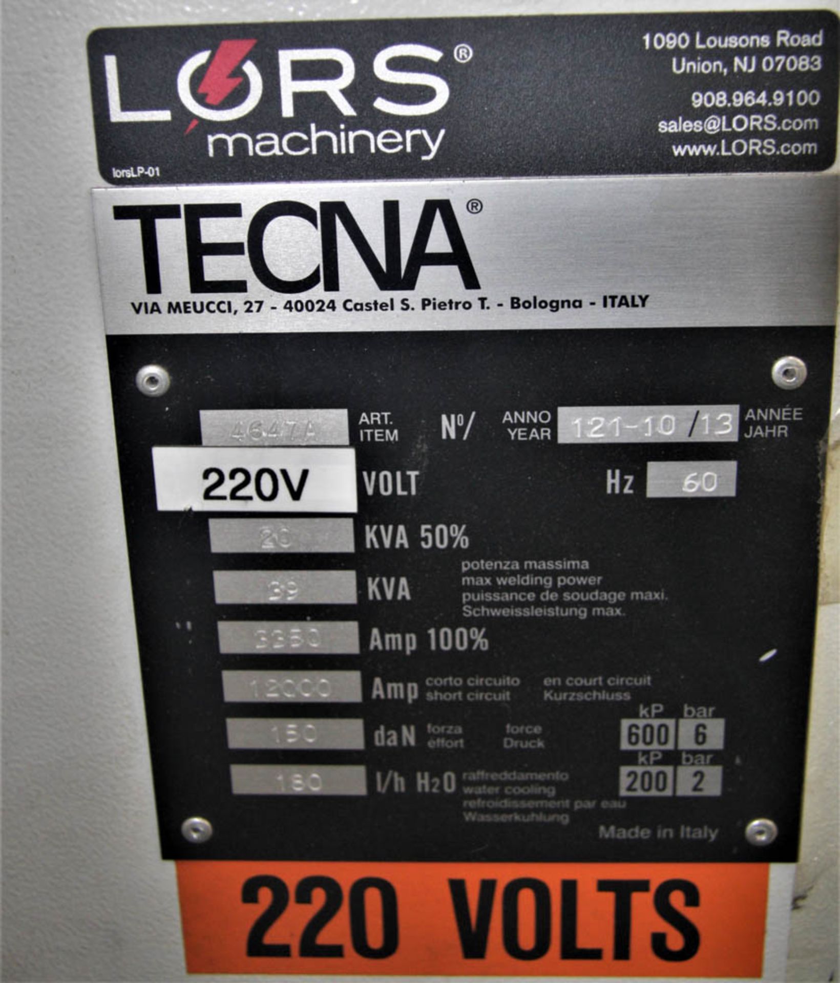 LORS TECNA MDL. 4647A 39-KVA SPOT WELDER, 50% DUTY CYCLE, 19" THROAT, FOOT SWITCH, S/N: 12110 ( - Image 3 of 4