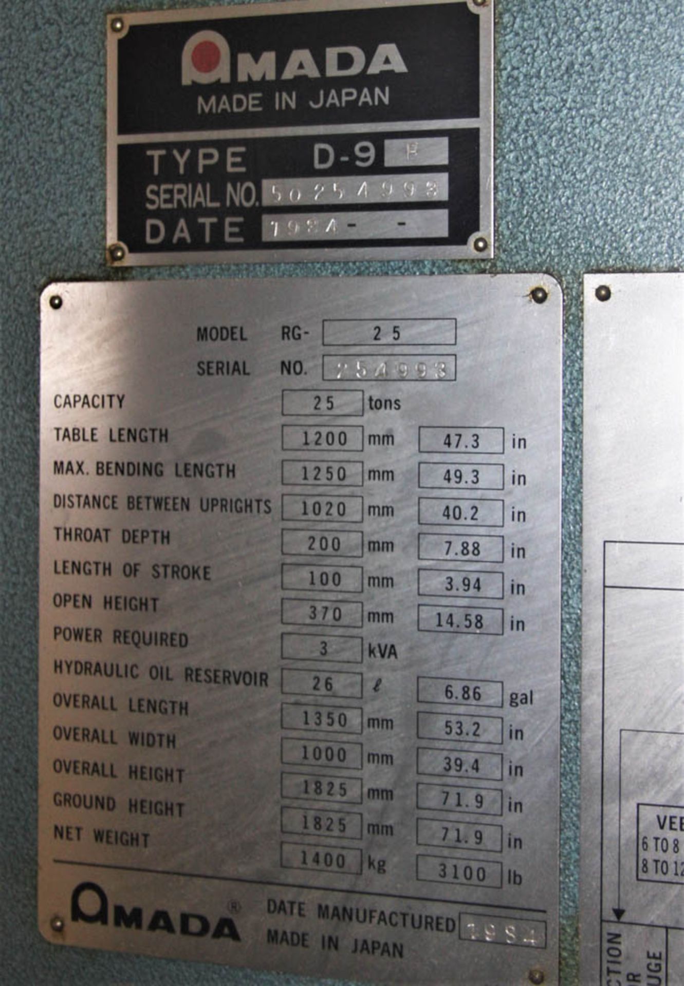 25 TON X 47.3" AMADA RG-25 PRESS BRAKE, W/ 49.3" MAX BENDING LENGTH, 40.2" BETWEEN HOUSING, 7.88" - Image 7 of 9