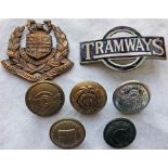 Selection (7) of London tram CAP BADGES & BUTTONS comprising cap badges from Croydon Corporation