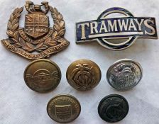 Selection (7) of London tram CAP BADGES & BUTTONS comprising cap badges from Croydon Corporation