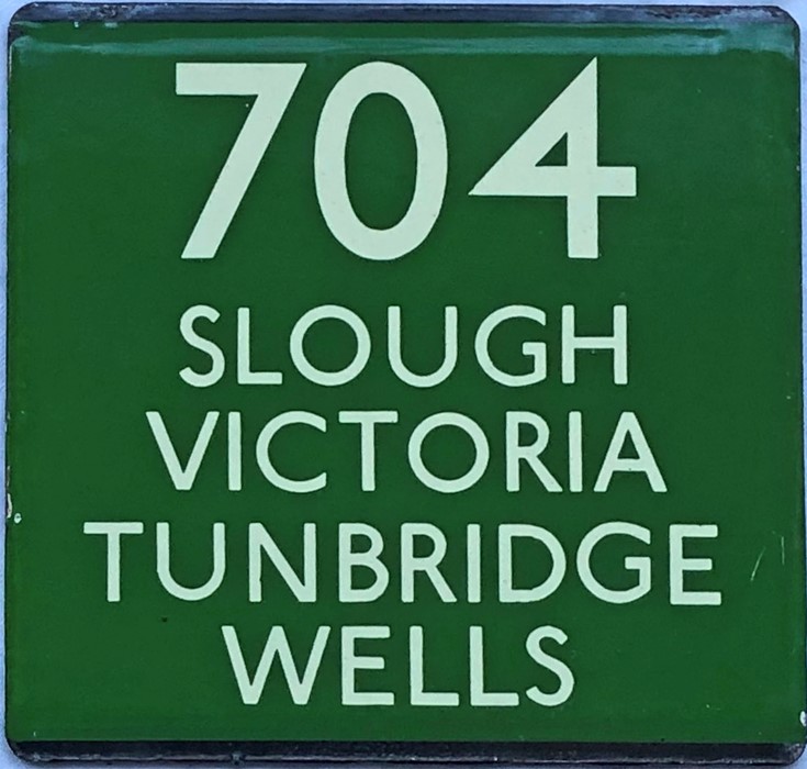 London Transport coach stop enamel E-PLATE for Green Line route 704 destinated Slough, Victoria,