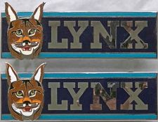 Pair of 1980s/90s enamel & chrome VEHICLE BADGES for Leyland Lynx buses. They measure 7" x 2.5" (