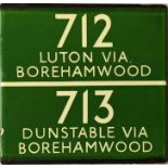 London Transport coach stop enamel E-PLATE for Green Line routes 712/713 destinated Luton via