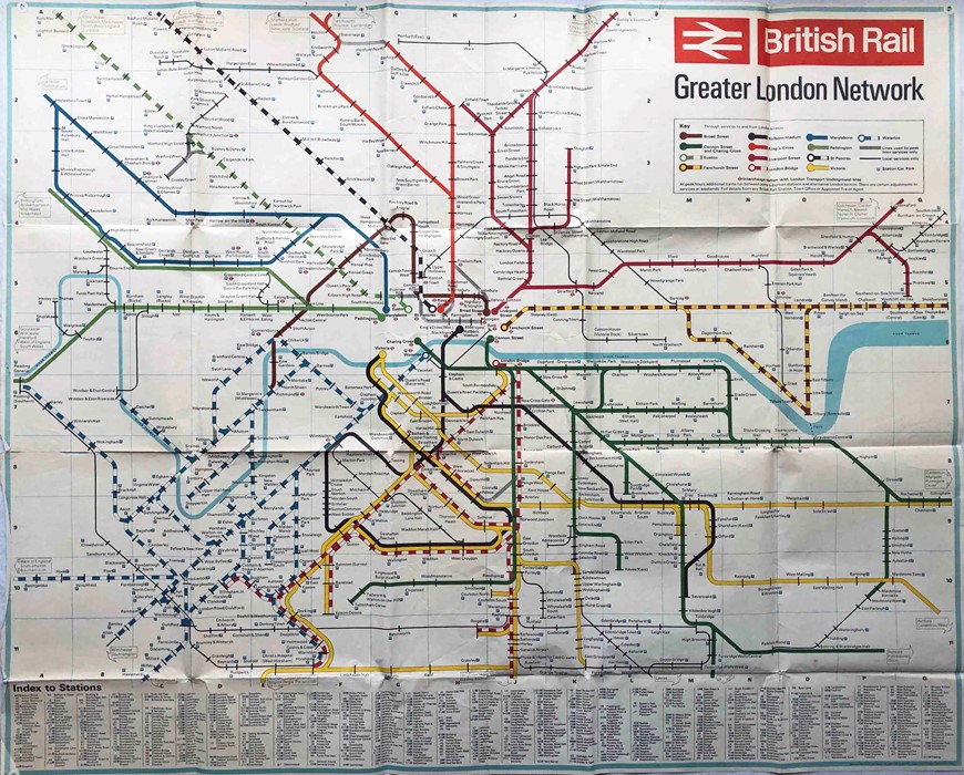 1965 British Rail quad-royal POSTER MAP of Greater London Network in diagrammatic format, designed