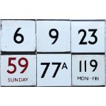 Selection (6) of London Transport bus stop enamel E-PLATES comprising routes 6, 9, 23, 59 Sunday (in