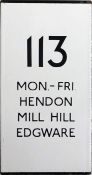 London Transport bus stop enamel E-PLATE for route 113. A double-vertical example that is destinated