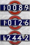 Selection (3) of London Underground 38-Tube Stock enamel CAR NUMBER PLATES from driving motor cars