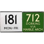 Pair of London Transport bus/coach stop enamel E-PLATES comprising Green Line route 712 destinated