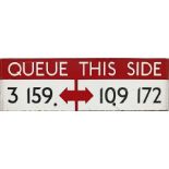 London Transport bus stop enamel Q-PLATE 'Queue this side 3, 159 [2-way arrow] 109, 172'. One of a