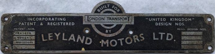 London Transport bus BODYBUILDER'S PLATE for Leyland Motors Ltd from one of the 500 RTW-type Leyland