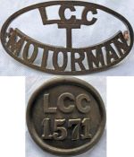 Pair of early 20th century LCC Tramways brass CAP BADGES, the first for a Motorman (electric tram