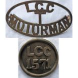 Pair of early 20th century LCC Tramways brass CAP BADGES, the first for a Motorman (electric tram