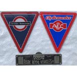 Routemaster bus items comprising 2 x perspex RADIATOR TRIANGLE BADGES, one London Transport, the