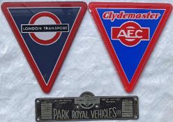 Routemaster bus items comprising 2 x perspex RADIATOR TRIANGLE BADGES, one London Transport, the