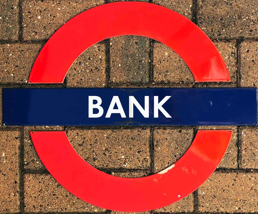 London Underground enamel PLATFORM ROUNDEL from Bank Station on the Central and Northern Lines. This