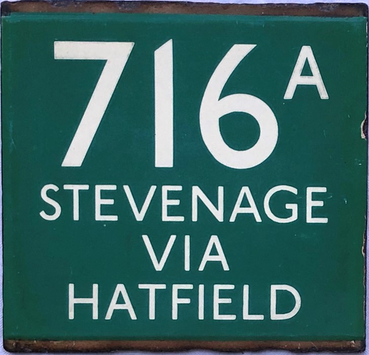 London Transport coach stop enamel E-PLATE for Green Line route 716A destinated Stevenage via