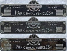 Selection (3) of 1940s/50s London Transport RT/RTL bus BODYBUILDER'S PLATES for Park Royal