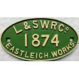 London & South West Railway (L&SWR) cast-iron WAGON PLATE 'L & S W R Co - 1874 - Eastleigh Works'. A