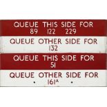 Pair of London Transport bus stop enamel Q-PLATES, the first 'Queue this side for 89, 122, 229,