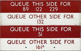 Pair of London Transport bus stop enamel Q-PLATES, the first 'Queue this side for 89, 122, 229,