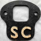 British Railways steam locomotive cast-iron plate 'SC' standing for 'Self-Cleaning' as fitted behind