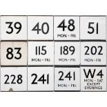 Selection (12) of London Transport bus stop enamel E-PLATES for Central Bus routes 39, 40, 48 Mon-