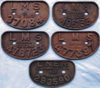 Selection (5) of cast-iron railway wagonplates comprising 4 x LMS: 8-ton 37084, 12-ton 406135 & 13-