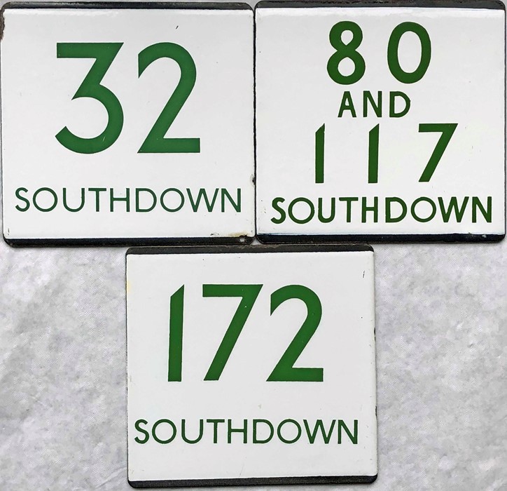 Selection (3) of London Transport bus stop enamel E-PLATES for Southdown routes 32, 80 & 117 and