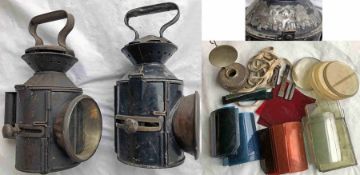 Pair of RAILWAY HANDLAMPS plus SPARE PARTS comprising 2 x 3-aspect, sliding-knob, GER-pattern lamps,